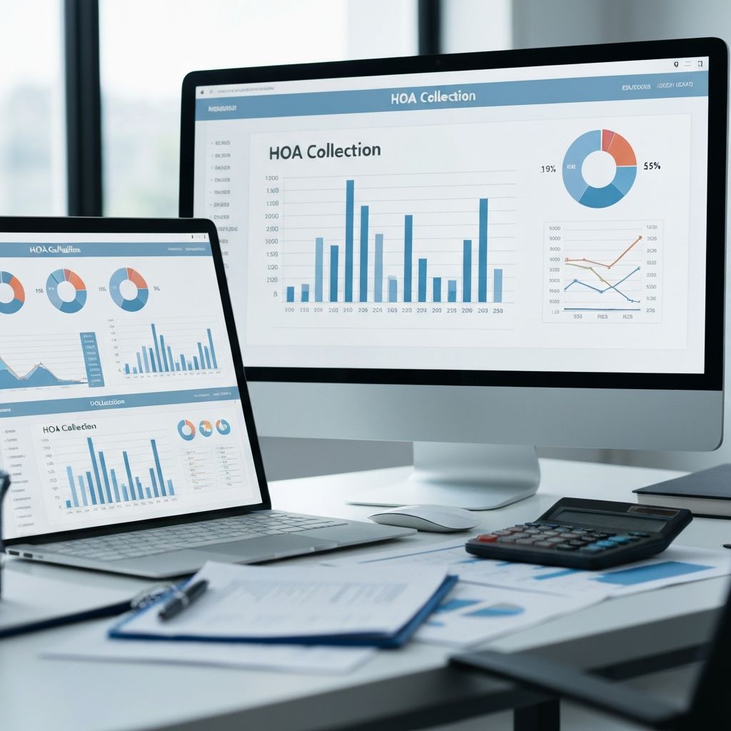 Laptop displaying a financial dashboard with HOA collection rates and payment trend charts