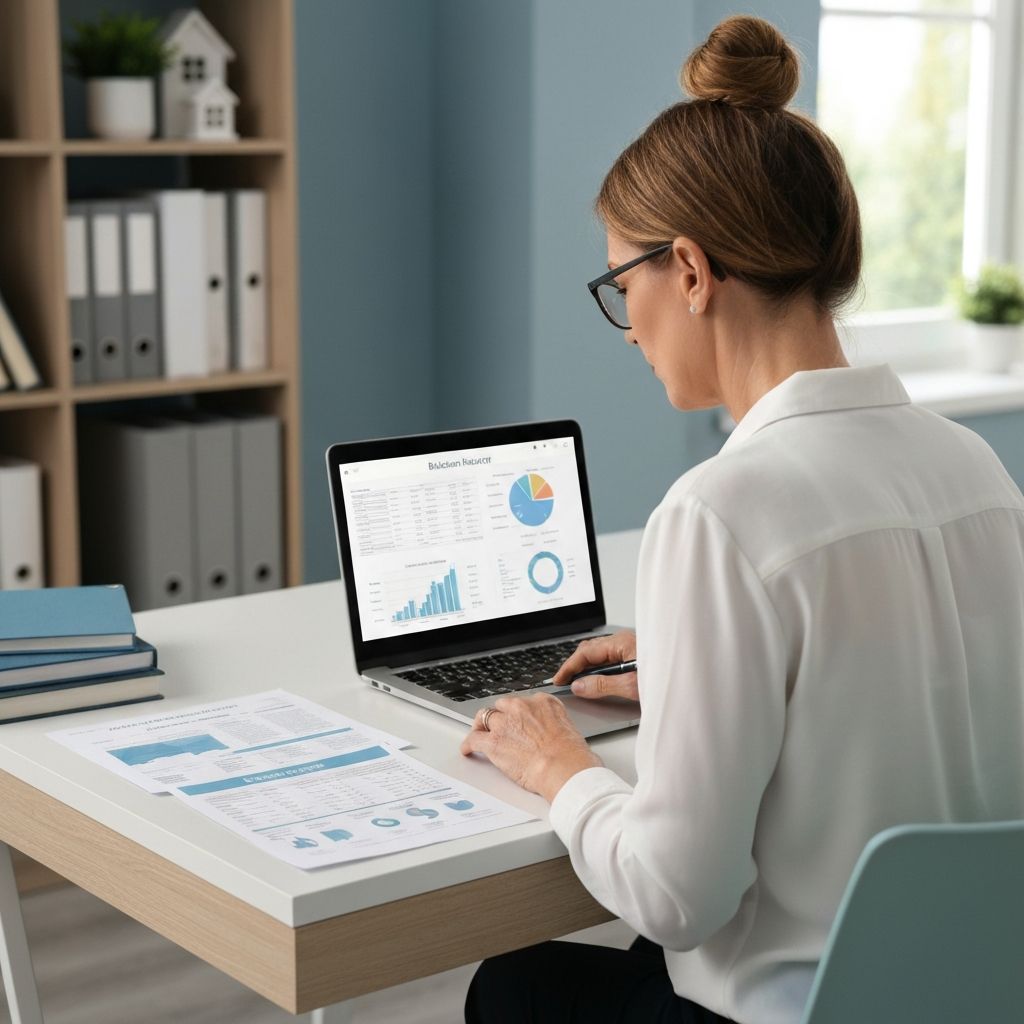 HOA financial documents including balance sheets and income statements laid out on a desk with a calculator