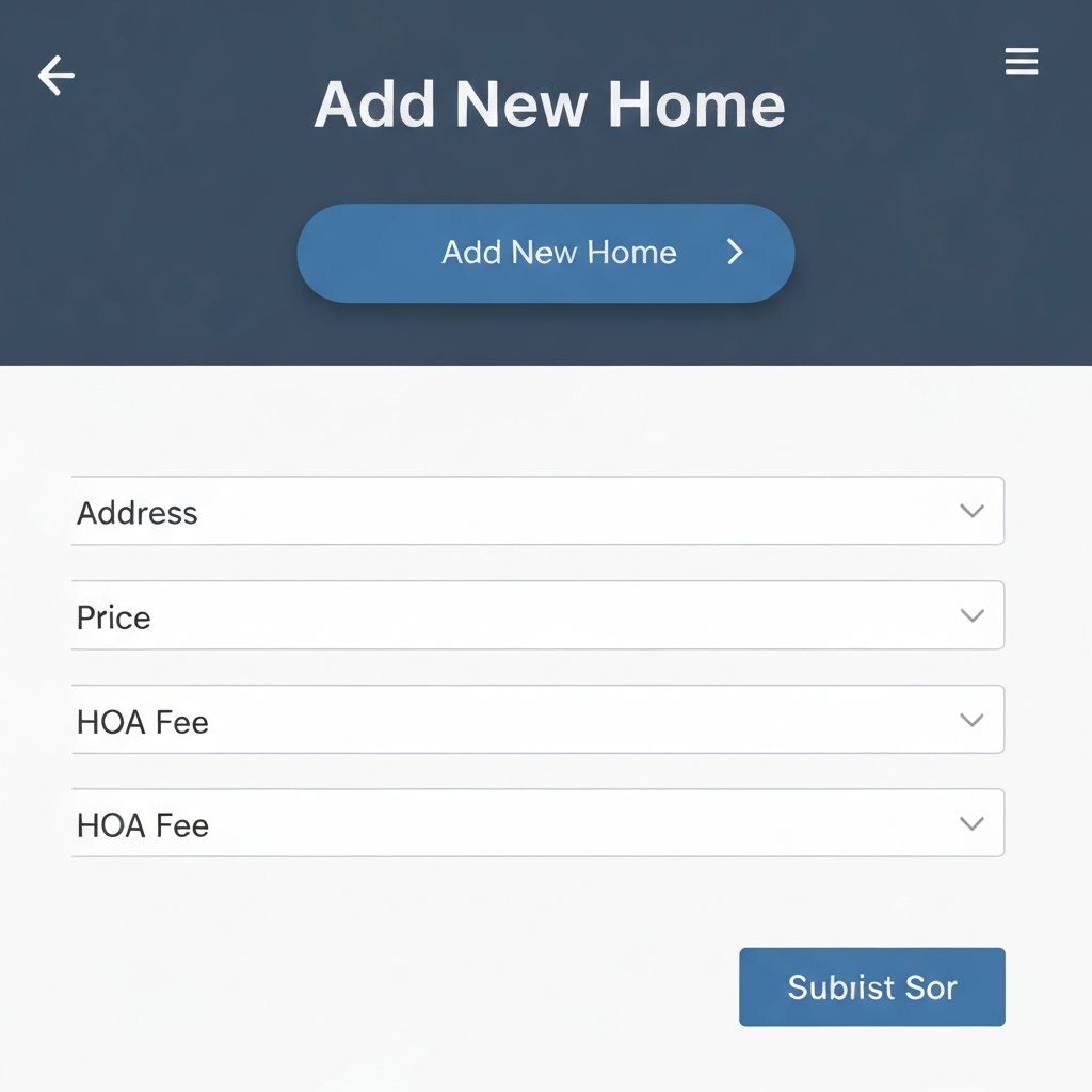 HOA Analyst add new home dialog showing address autocomplete, price input, and monthly HOA fee fields